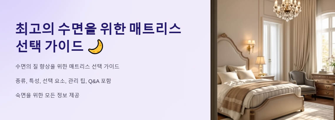 럭셔리 침실과 함께 제공된 수면 매트리스 선택 가이드를 나타내는 이미지. 숙면과 매트리스 선택 정보를 강조합니다