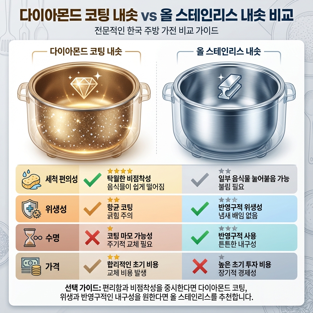 다이아몬드 코팅 내솥과 올 스테인리스 내솥의 장단점 비교 인포그래픽