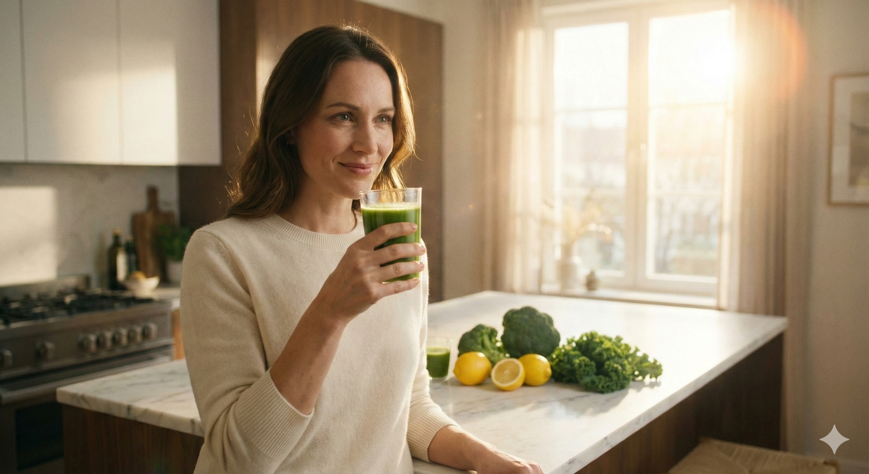 신선한 채소 주스를 든 지적이고 아름다운 여성이 미소 짓는 모습