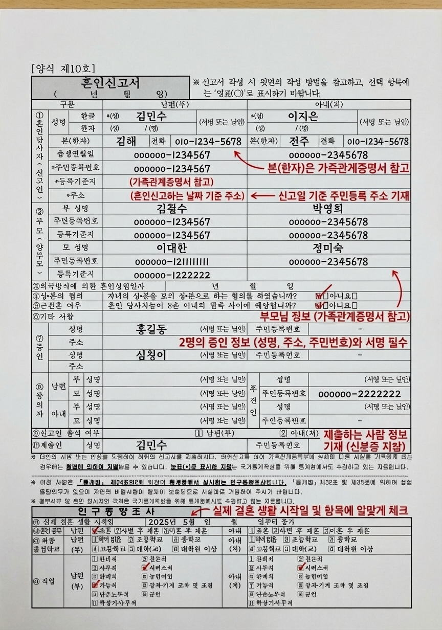 혼인신고서 작성 예시
