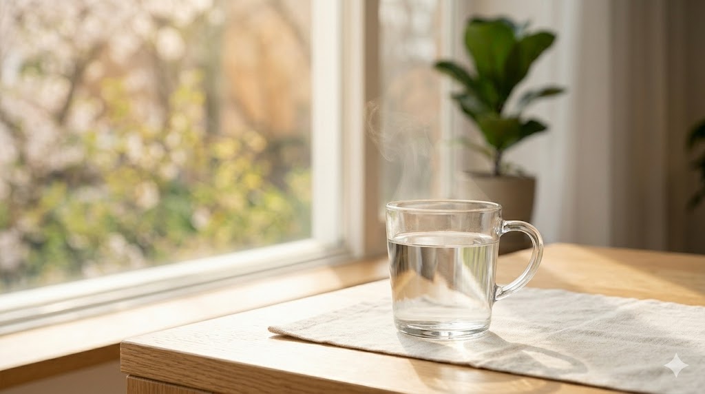 "아침 햇살이 환하게 비치는 나무 테이블 위에 김이 모락모락 피어오르는 투명한 유리잔에 미지근한 물이 담겨 있는 모습. 깨끗하고 평온한 아침 건강 루틴을 상징하는 감성적인 실사 이미지."