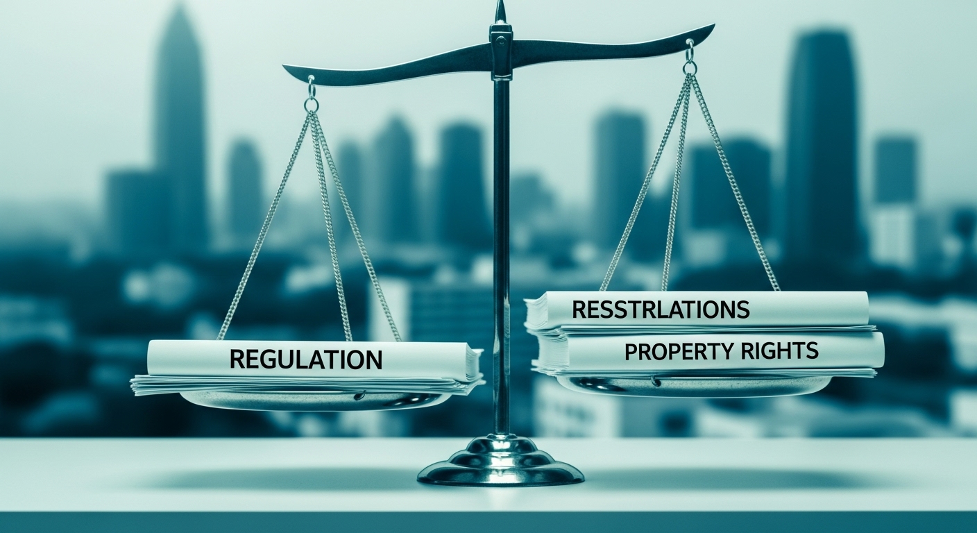 규제 서류와 재산권 서류가 놓여 균형을 이루지 못하는 법의 저울과 도시 풍경, 법적 분쟁의 복잡성을 상징하는 이미지