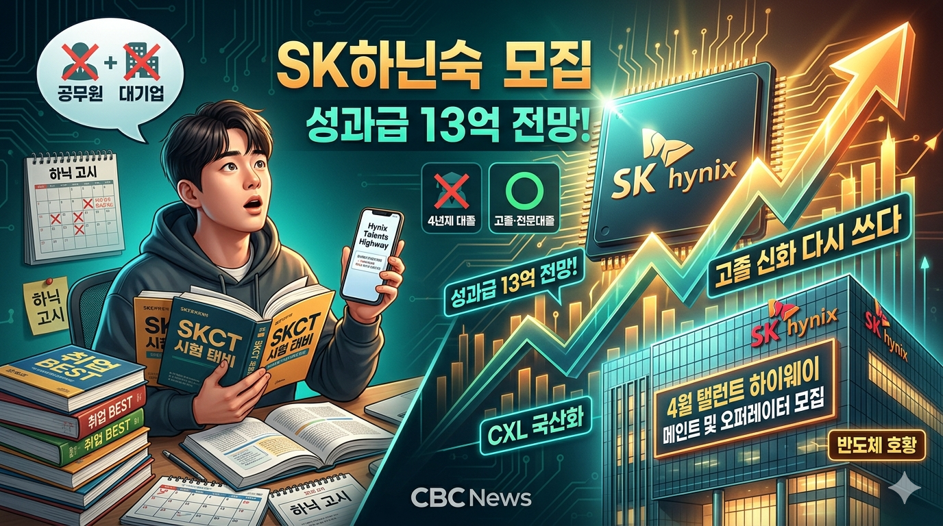 SK하이닉스 전임직 채용 소식을 알리는 썸네일 이미지입니다. '하닉 고시'라고 쓰인 달력 앞에서 SKCT 교재를 들고 놀란 표정을 짓는 인물과, 거대한 SK하이닉스 반도체 칩에서 '성과급 13억 전망!'이라는 문구가 빛나는 모습이 대비되어 있습니다. 하단에는 '고졸 신화 다시 쓰다'라는 문구와 함께 상승하는 주가 그래프가 표현되어 있으며, CBC 뉴스 로고가 포함되어 있습니다.