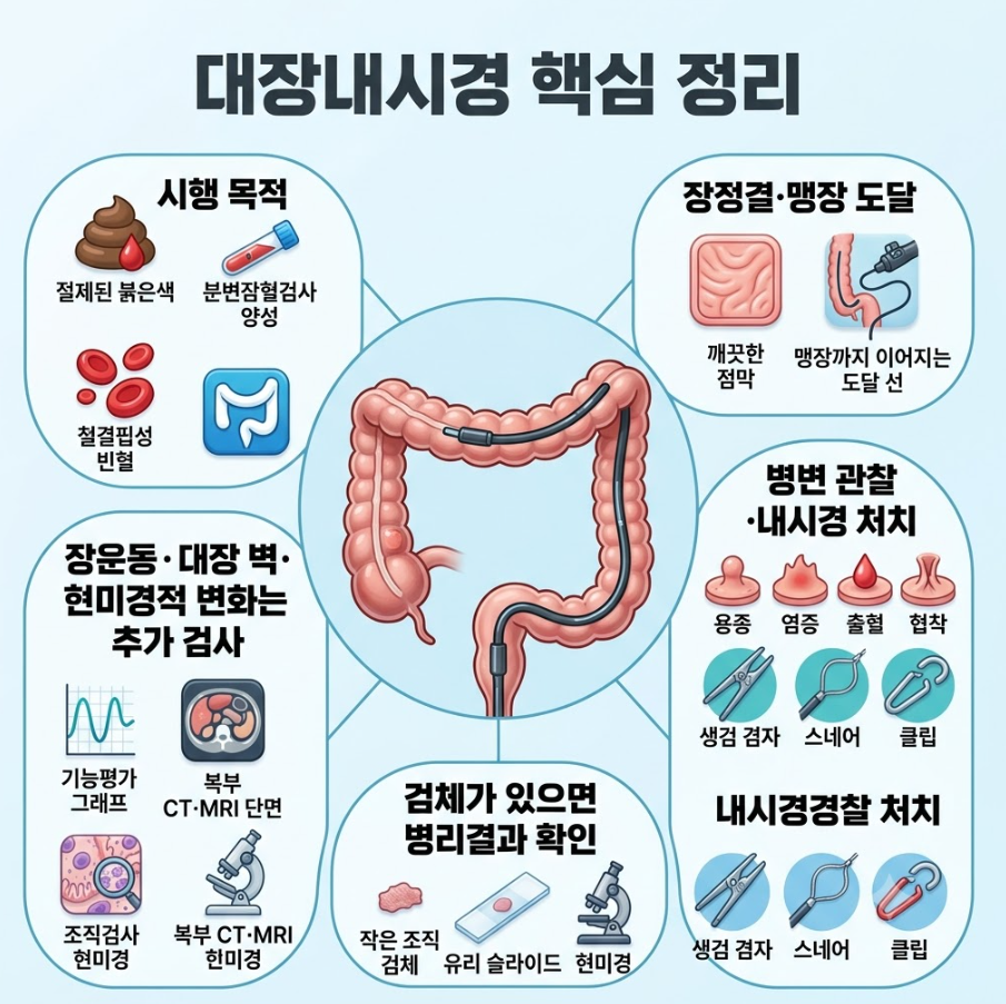 대장내시경의 시행 목적, 관찰 범위, 발견 소견과 처치, 병리결과, 추가 검사 역할을 한눈에 요약한 핵심 정리 인포그래픽
