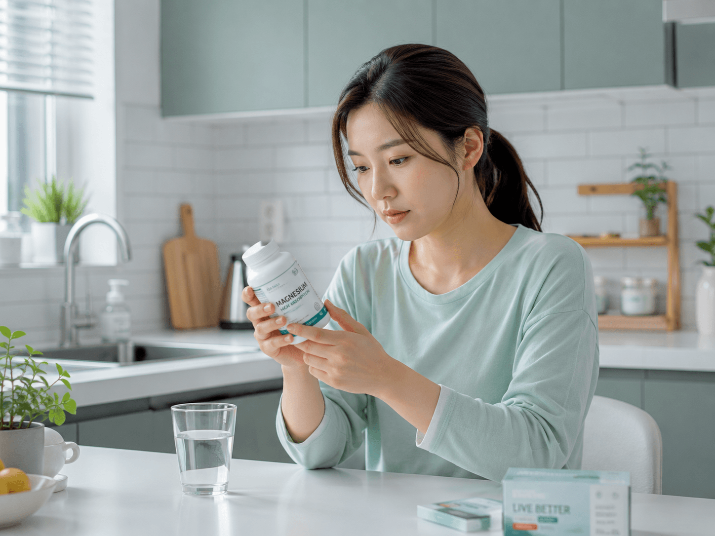 마그네슘 종류별 효능을 확인하며 영양제를 고르는 여성