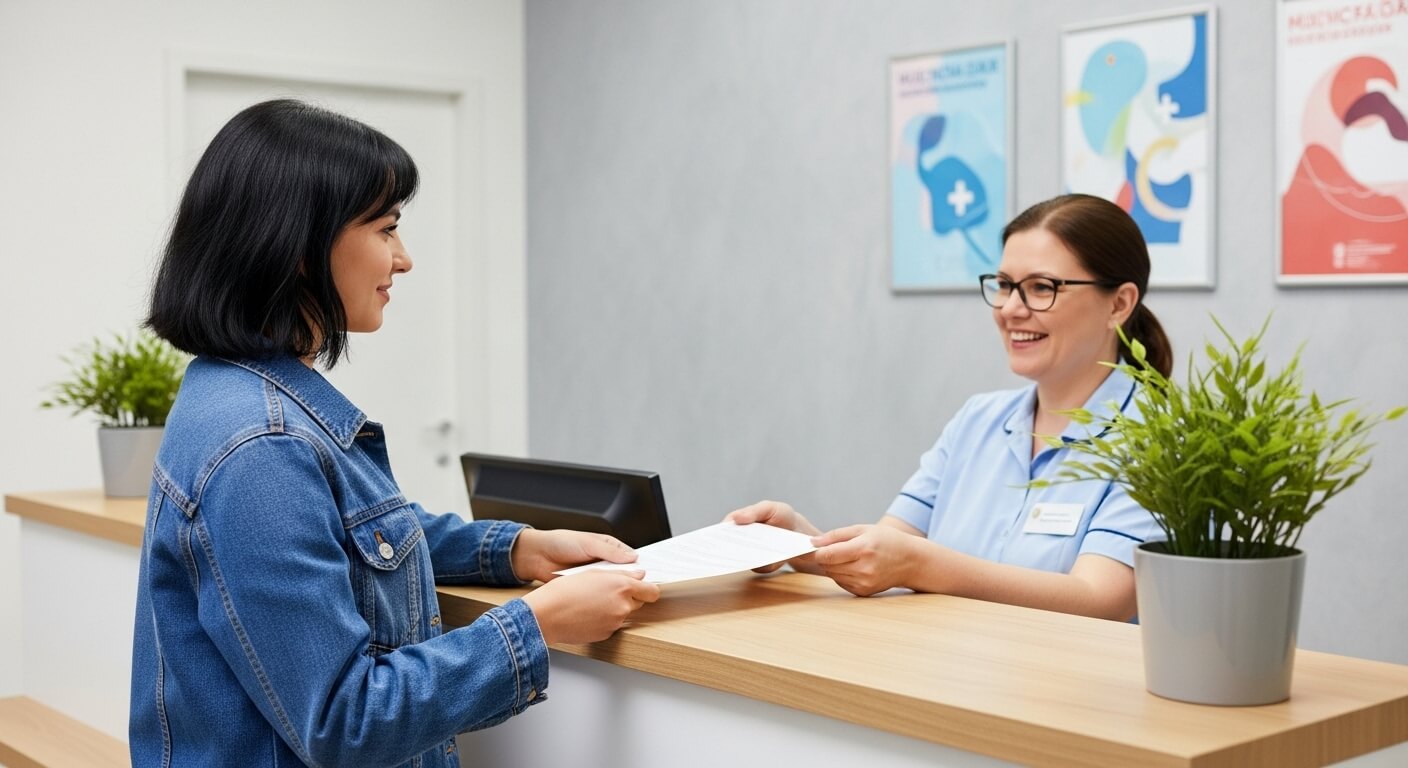 보건소 접수대에서 서류를 제출하는 여성