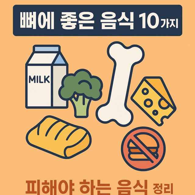 뼈에 좋은 음식 10가지와 피해야 하는 음식을 정리한 대표 이미지로 뼈 건강과 식품 아이콘이 포함된 디자인