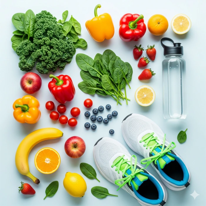 나무 배경 위에 신선한 채소, 과일, 운동화, 물병이 놓여 있어 건강 관리를 상징합니다.
