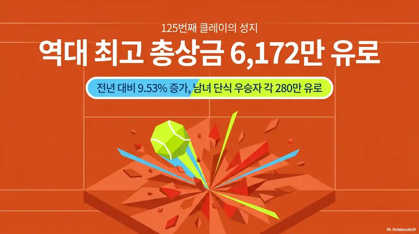 2026 롤랑가로스 역대 최고 총상금 6172만 유로 안내 - 전년 대비 9.53% 증가, 남녀 단식 우승자 각 280만 유로