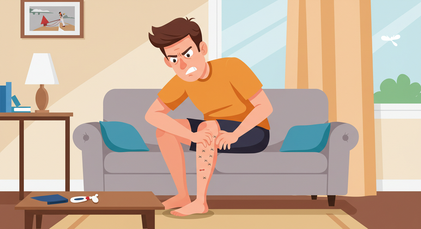 거실에 앉아 모기에 물리고 있는 남자