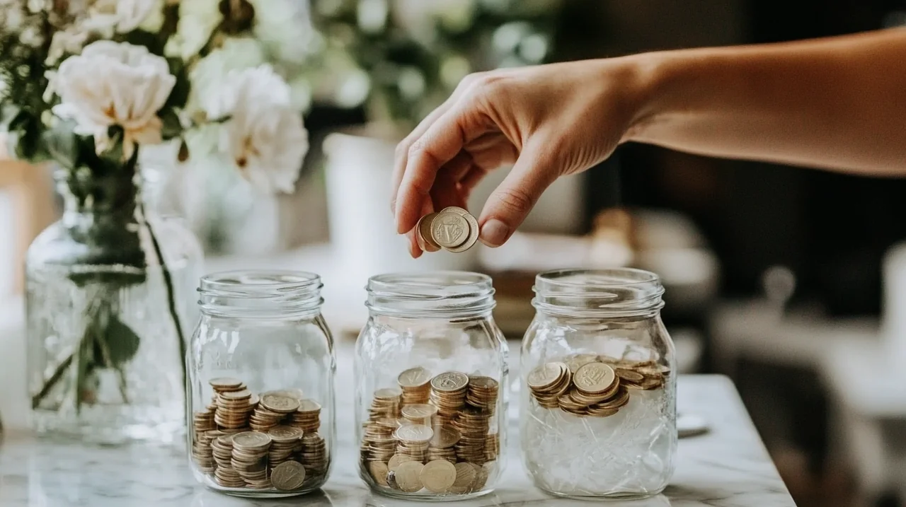 한 사람의 손이 '핵심', '성장', '방어적'이라는 라벨을 붙인 병에 자금을 배분하고 있는 클로즈업입니다. 자연광 속에서 전략적 결정을 내리는 모습을 담고 있습니다.