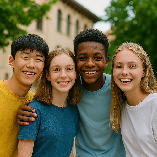 외국 친구들과 친하게 지내는 학생의 모습