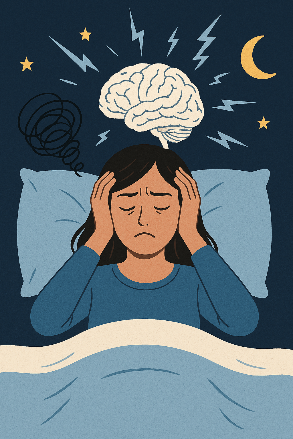 불면증,스트레스 ,집중력 저하로 인한 수면 부족과 뇌건강을 표현한 이미지