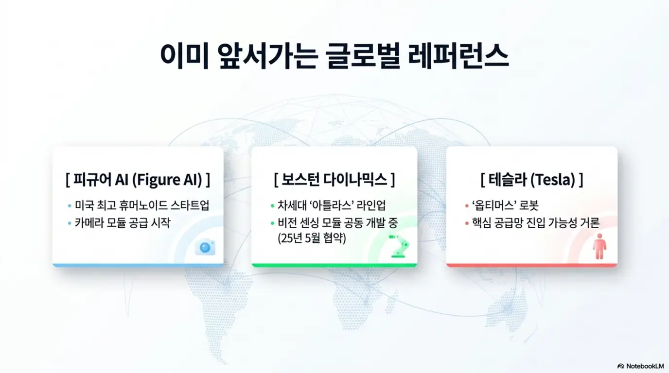 LG이노텍 주가 전망: '이미 앞서가는 글로벌 레퍼런스'라는 문구가 포함된 이미지. LG이노텍이 피규어AI에 카메라 모듈 공급을 시작하고 보스턴다이나믹스와 비전 센싱 모듈을 공동 개발하며 테슬라 공급망 진입 가능성까지 거론되는 점을 시각적으로 전달하며, 블로그의 LG이노텍 주가 전망과 관련된 내용을 설명함