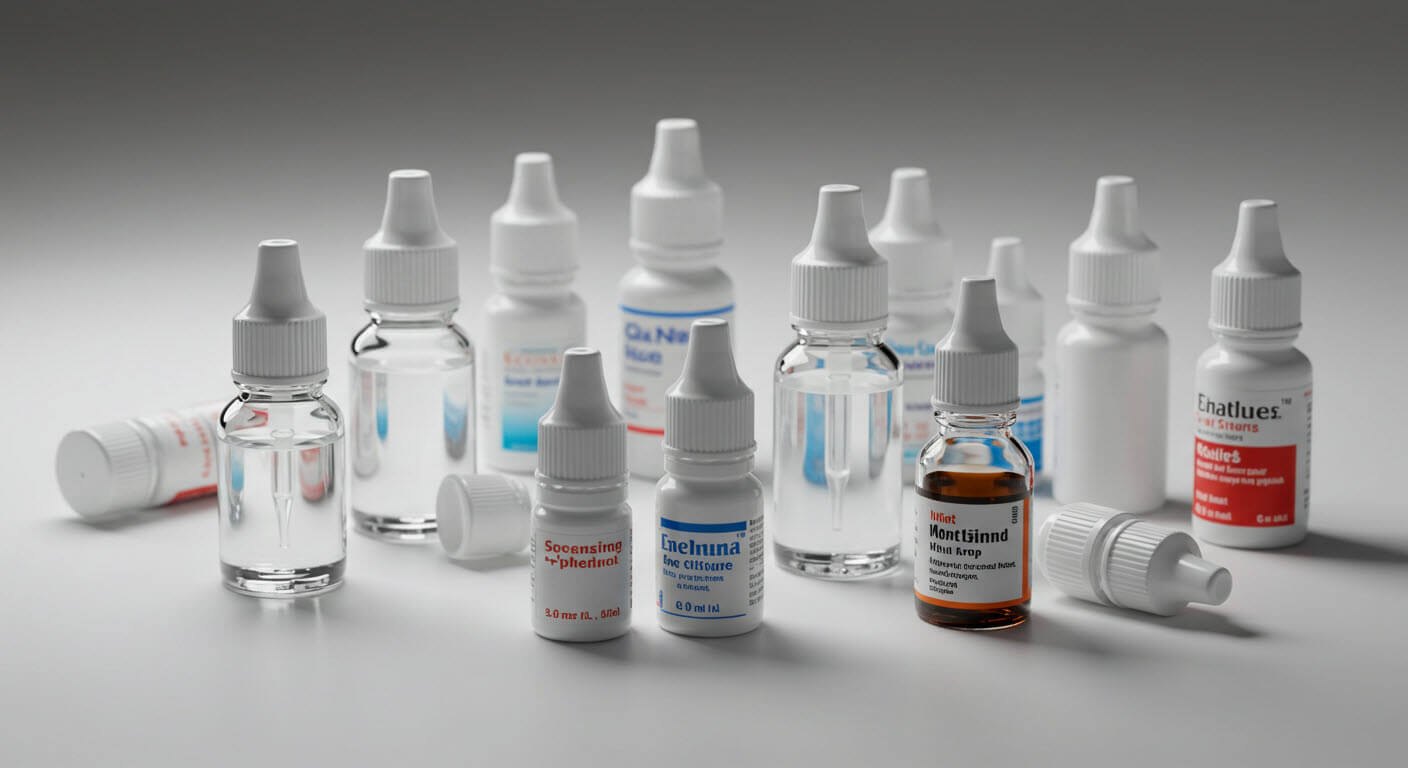 여러종류의 안약들이 테이블위에 올려져있다