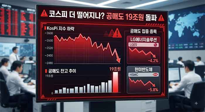 하락하는 코스피 지수와 공매도 증가를 보여주는 모니터 화면.