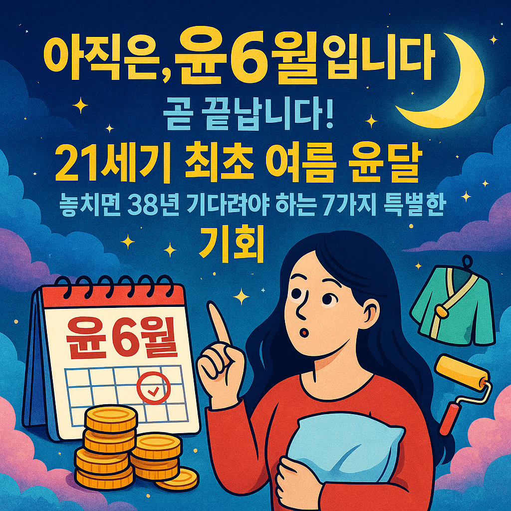 여름 하늘과 커다란 보름달이 떠 있는 배경에, 달력과 함께 7개의 황금빛 아이콘(기도, 수의, 집수리, 이불, 점 빼기, 소원, 조상 이장)이 상징적으로 배치된 디지털 일러스트. 신비롭고 현대적인 색감으로 윤달의 특별한 기회를 강조한 블로그 홍보용 정사각형 이미지.