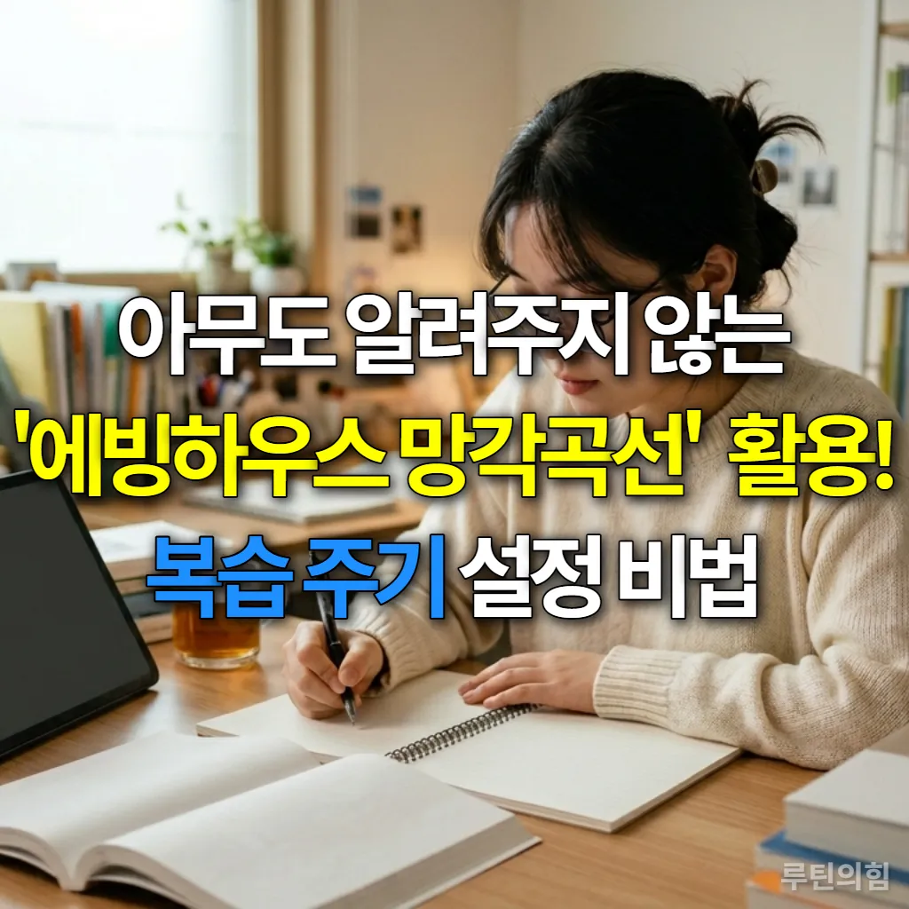 책상에 앉아 에빙하우스 망각곡선 그래프를 보며 공부하는 한국인 학생