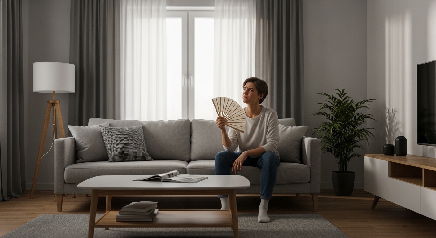 실내 공기가 답답해 보이는 거실 환경과 불편해하는 사람 모습