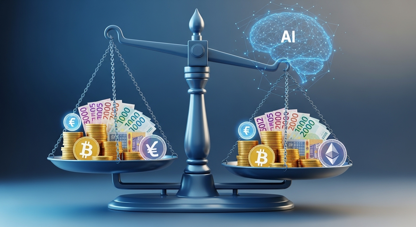 AI의 도움으로 다양한 금융 자산이 균형 있게 관리되는 모습. 효율적인 자산 배분과 체계적인 노후 설계를 상징하며, AI 재테크의 핵심 요약을 시각적으로 표현합니다.