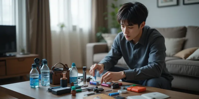 집에서 비상용품 &amp; 생활 응급 키트 준비하는 모습