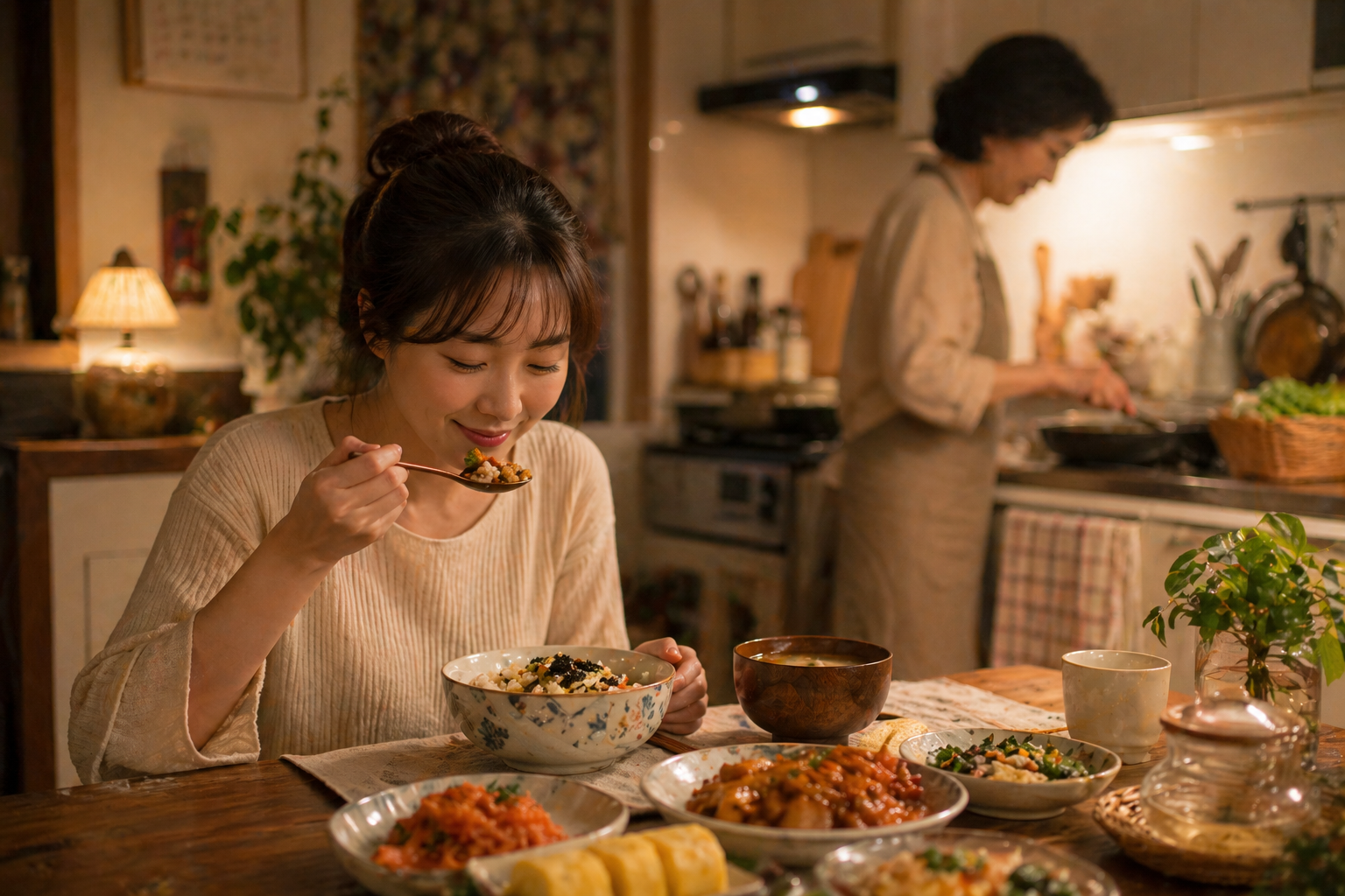 따뜻한 집밥을 먹는 식탁 앞 사람과 뒤에서 음식을 만드는 엄마가 있는 포근한 저녁 주방 이미지