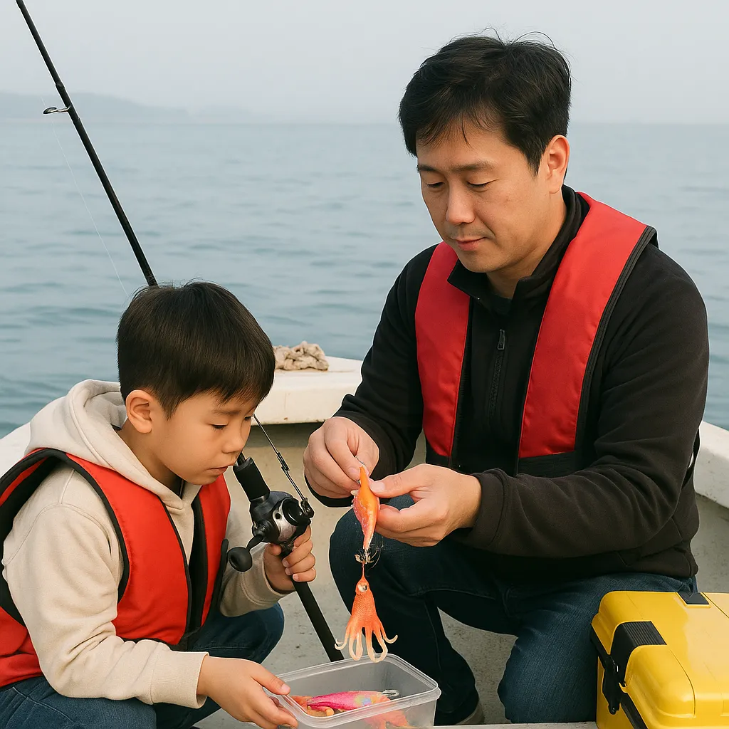 작은 배 위에서 문어낚시 장비를 준비하는 부자