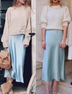 베이지톤니트와 스카이블루실크스커트 스타일링 (출처: Pinterest) 클릭시 확대됩니다