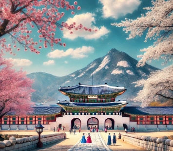 "벚꽃과 고궁이 어우러진 한국의 전통 봄 정원, 경복궁의 고요한 아름다움"