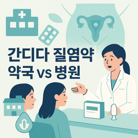 약국용 칸디다 질염약과 병원 처방약을 비교 상담하는 모습을 담은 건강정보 썸네일 이미지