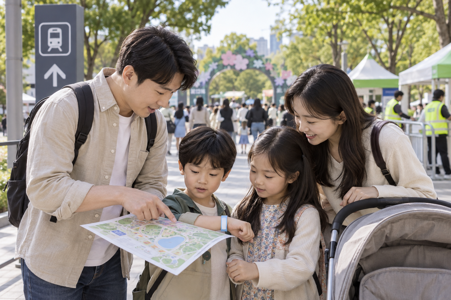행사장 입구에서 아이와 만날 장소를 정하는 가족
