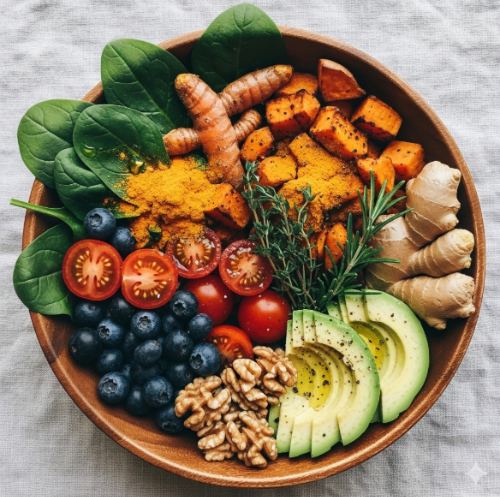 다양한 항 염증 식품이 담긴 그릇