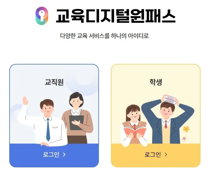 교육디지털원패스 교직원과 학생 로그인 선택 화면