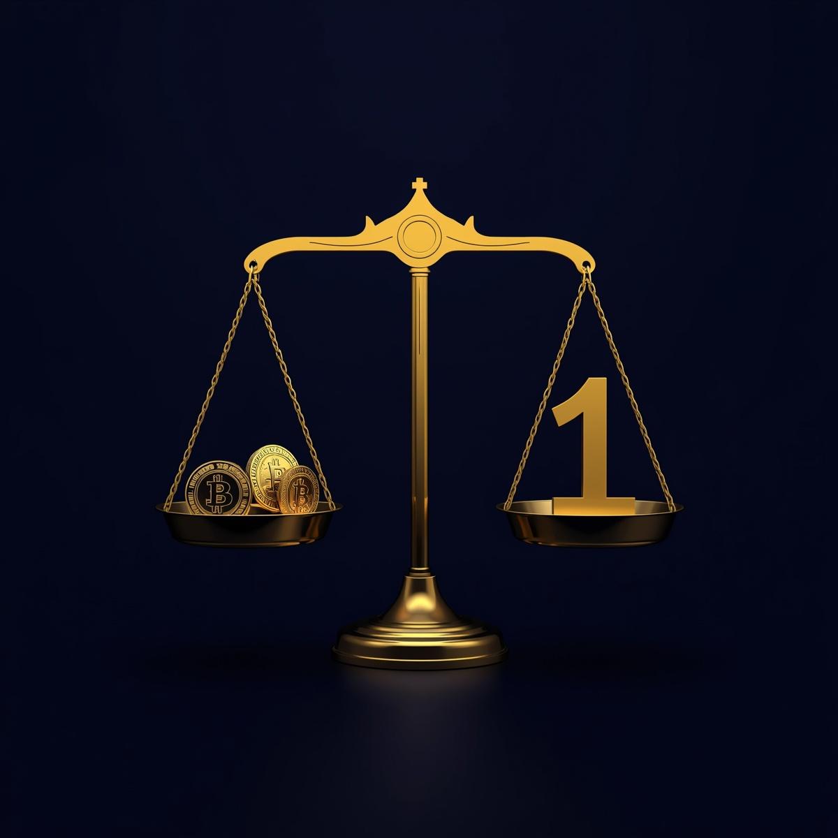 금색 저울의 한쪽 접시에는 비트코인 동전들이, 다른 한쪽에는 숫자 '1'이 놓여 서로 균형을 맞추고 있는 모습. 디지털 자산의 가치 기준과 국가 발행 화폐 사이의 패권 다툼을 상징함.