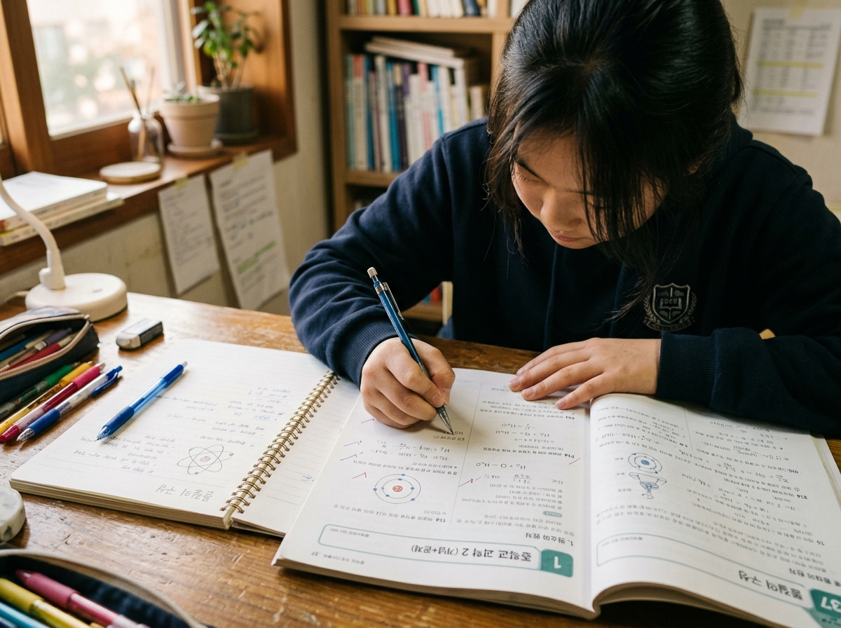 과학 문제집을 풀고 옆에 개념 노트를 펼쳐둔 한국 중학생의 학습 장면