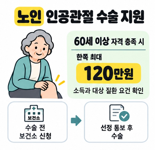 60세 이상 소득과 대상 질환 요건을 충족하는 사람의 인공관절 수술 지원 한쪽 최대 120만원과 수술 전 보건소 신청 및 선정 통보 후 수술 절차를 안내하는 그림