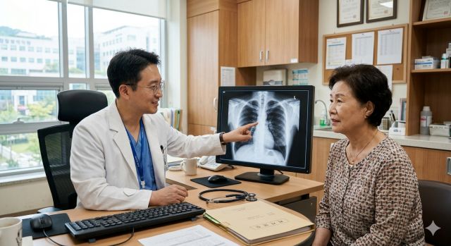 AI 흉부 X선 진단 결과를 의사와 환자가 함께 확인하는 의료 상황