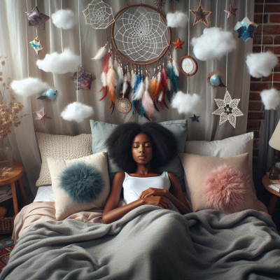 꿈을 꾸고 있는 장면, 구름과 별들이 방을 꾸미고 있다.