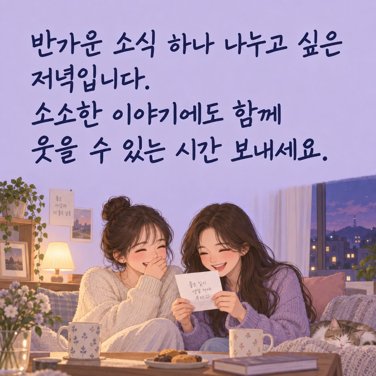 행복한 저녁 인사 이미지 10 — 반가운 소식 하나 나누고 싶은 저녁입니다. 소소한 이야기에도 함께 웃을 수 있는 시간 보내세요.