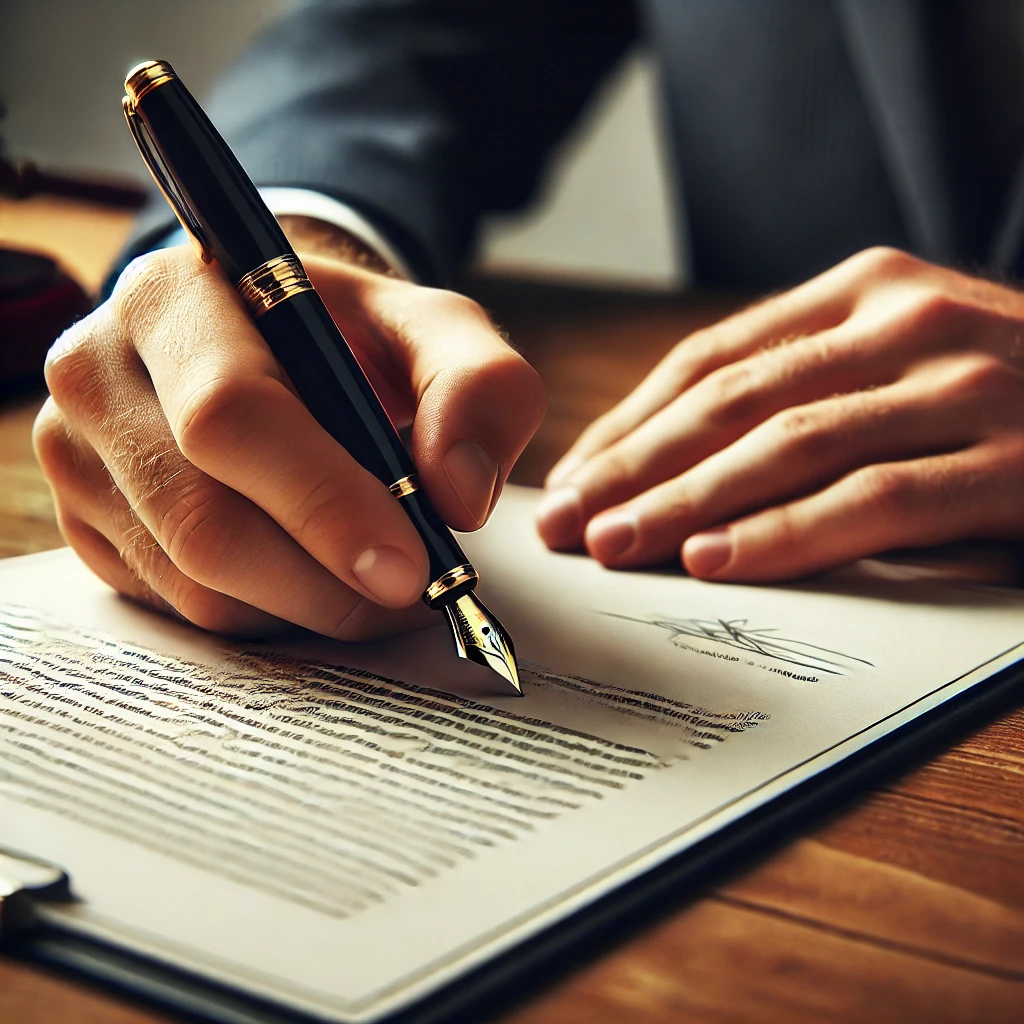 Close-up of a hand using a fountain pen to sign a legal document, symbolizing accuracy in agreements.