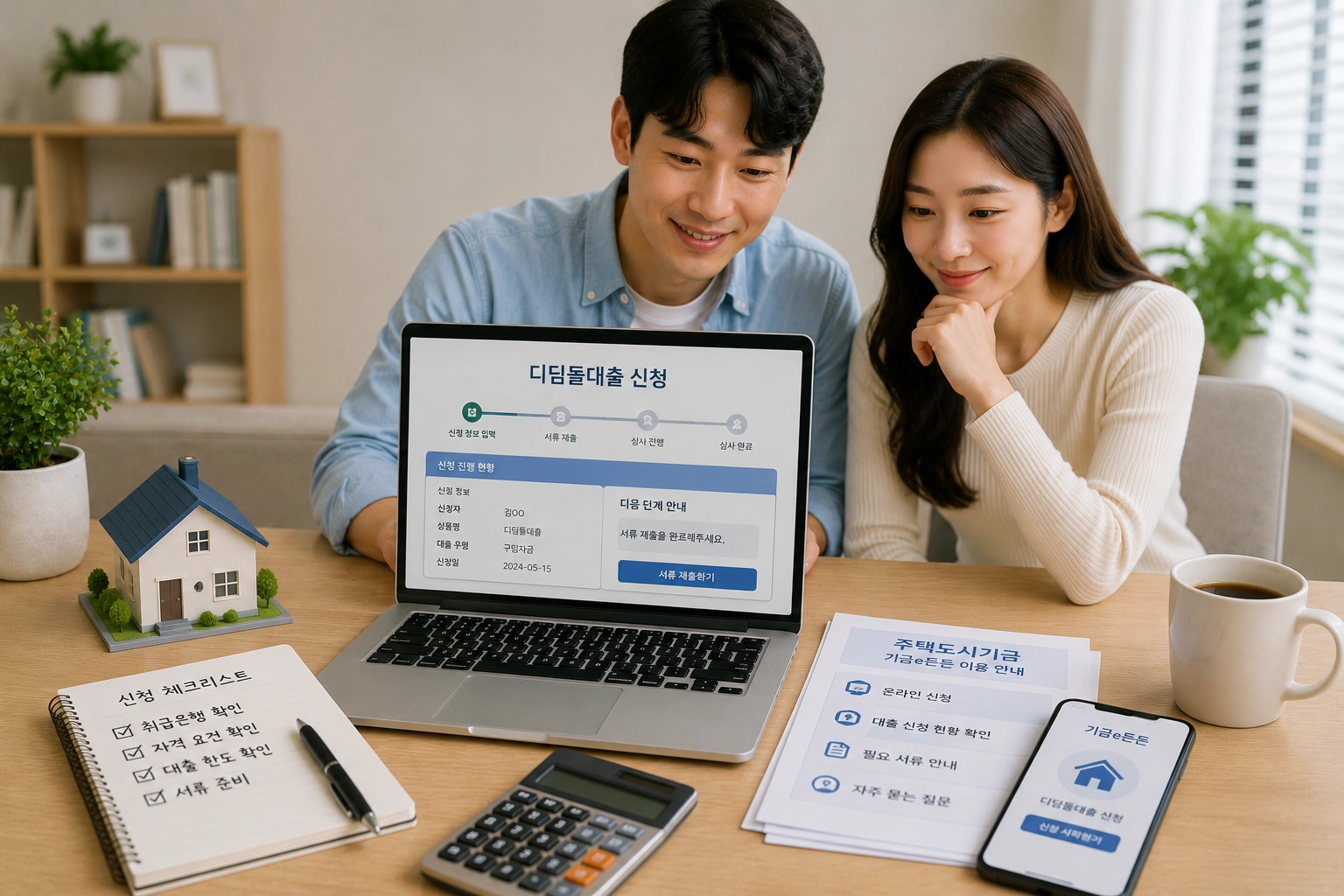 디딤돌대출을 기금e든든으로 온라인 신청하며 진행 절차를 확인하는 한국인 신혼부부의 모습