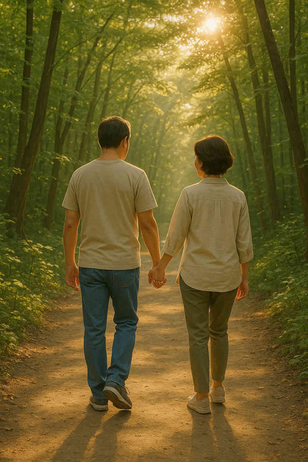 숲길을 함께 걷는 중년 부부