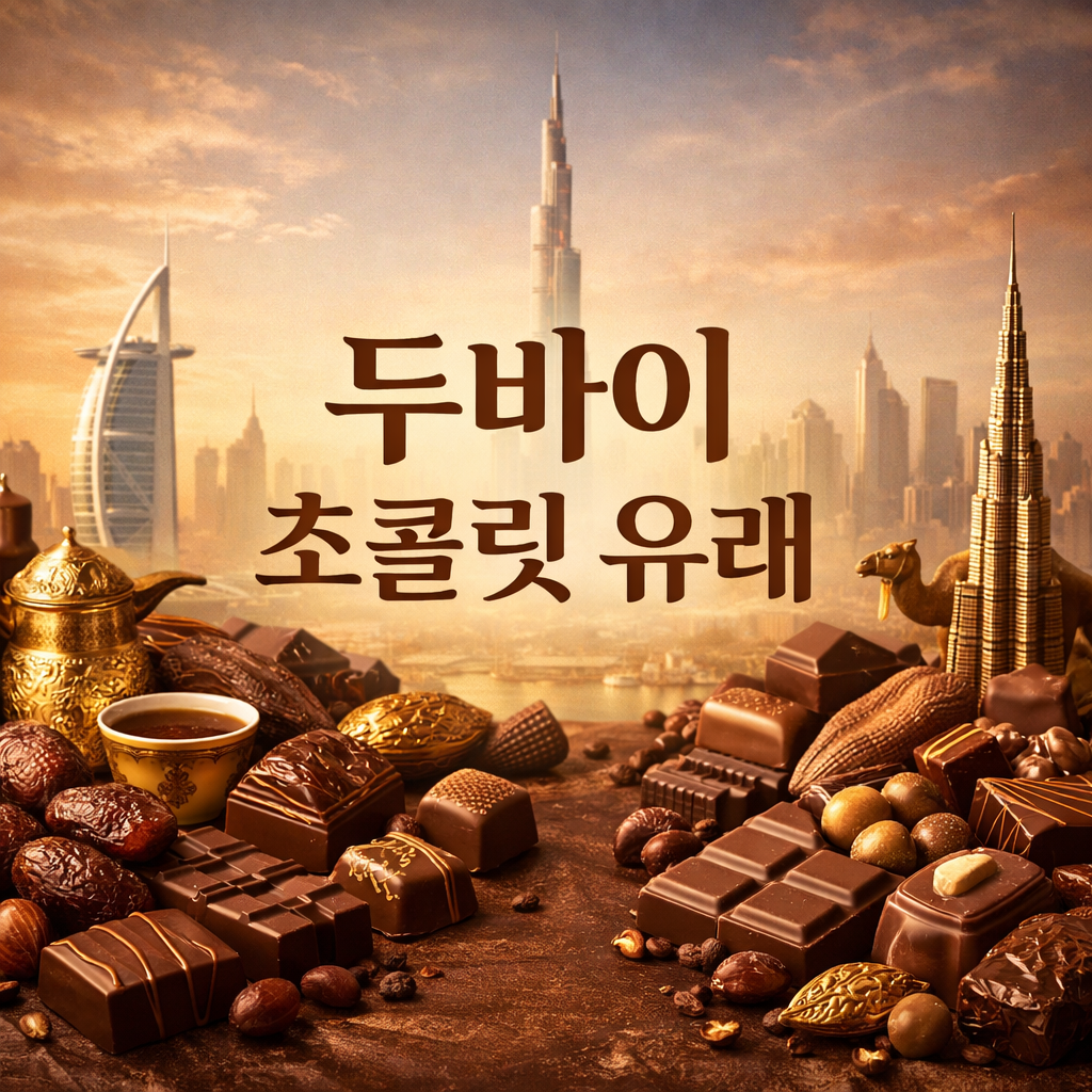 두바이 스카이라인을 배경으로 다양한 초콜릿과 전통 소품이 놓여 있고 가운데에 ‘두바이 초콜릿 유래’라는 문구가 들어간 정사각형 이미지