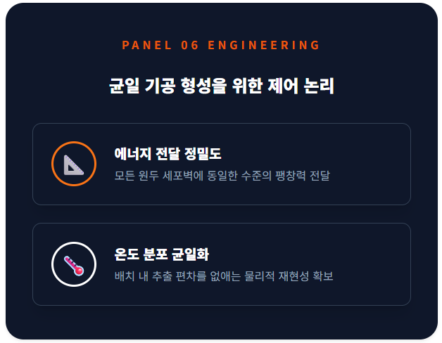 균일한 기공 형성을 위해 필요한 에너지 전달 정밀도와 온도 분포 균일화 전략을 설명함. 시스템의 기하학적 설계가 배치 내 추출 편차를 줄이는 근거임을 분석함.
