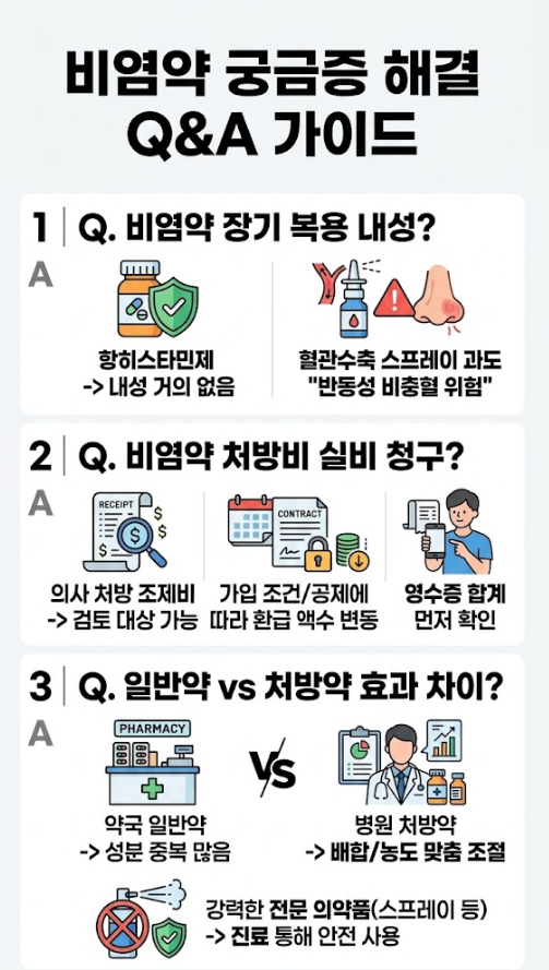 비염약 관련 자주 묻는 질문 Q&A: 항히스타민제 내성, 실비 보험 청구, 일반약과 처방약 차이 설명 인포그래픽