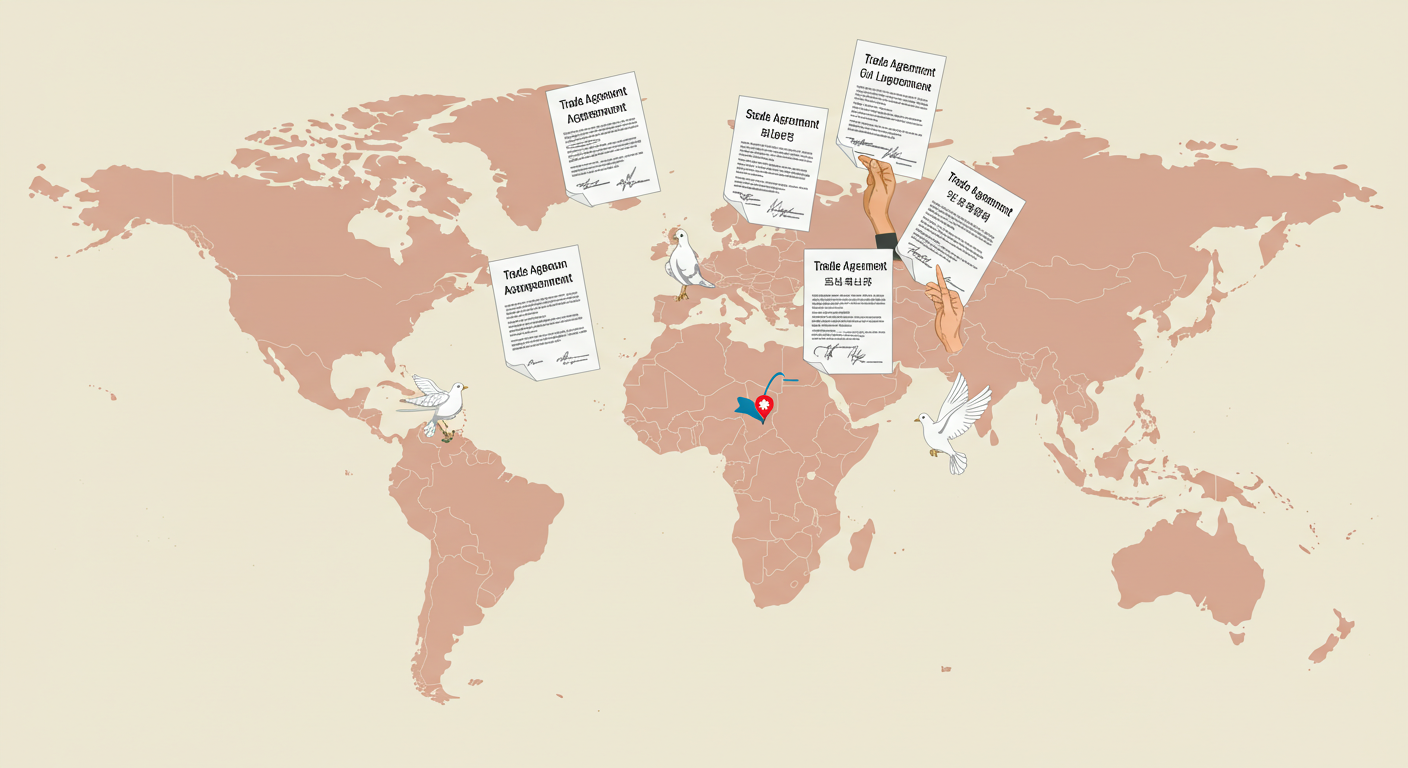 세계 지도 위에 다양한 무역 협정 문서와 평화를 상징하는 비둘기