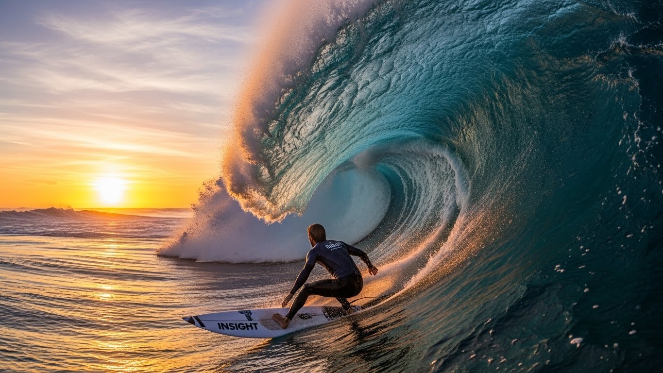 거친 파도 위에서 '통찰력'이라는 서핑보드를 타고 멋지게 파도를 넘는 사람의 뒷모습