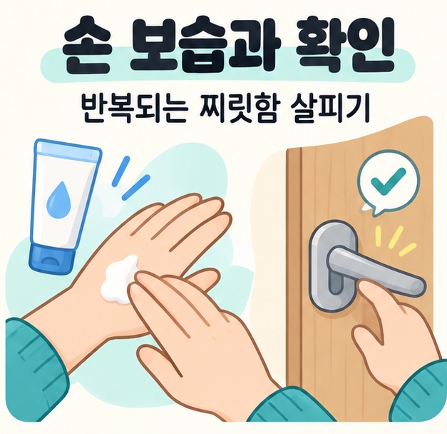 핸드크림으로 손을 보습하고 문고리 주변을 확인하는 일러스트