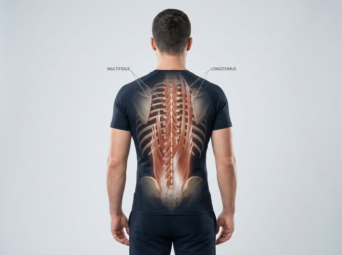 척추 기립근의 다열근과 최장근 구조를 보여주며, 안정적인 중립 척추 자세에서 코어를 활성화하는 이미지