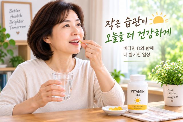물과 함께 비타민 D 영양제를 챙겨 먹는 모습